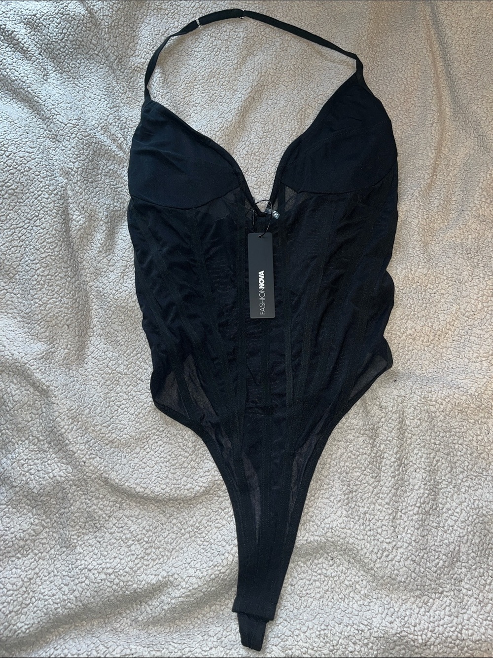 Fashion Nova Black Mesh Halter One-Piece Bodysuit